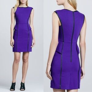 MILLY • Pipe-Trim Peplum Dress purple stretch wool black vegan leather